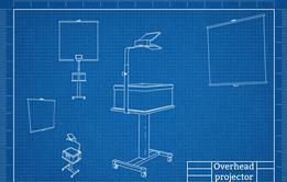 A blueprint style technical drawing of an overhead projector and screen