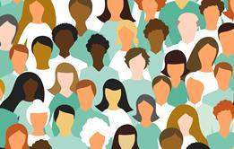 A cartoon of a large diverse group of people wearing green or white