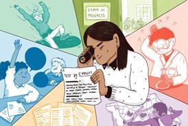 A illustration of a teacher examining a test through a kaleidoscope