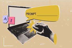 A collage-style illustration of a laptop with the word 'AI' and a hand interacting with it, alongside a speech bubble labeled 'PROMPT', suggesting AI prompt input.