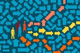 An illustration of people finding their way through a maze of arrow
