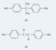 Structures (2) Di-(p -hydroxyphenyl) dimethyl methane, (3) a stilbene derivative