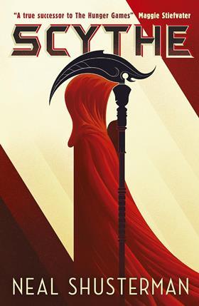 The book cover for Scythe by Neal Shusterman featuring the image of a red-cloaked figured holding a gothic scythe. Negative space in the hand of the scythe reveals two faces.