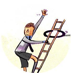 A school boy climbs a ladder reaching for something