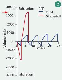 Figure 2 - Breath volume versus time trace, showing the difference between tidal breathing and a single expired breath