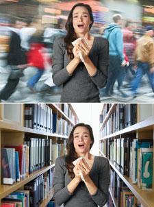 A sneeze in a busy street and a sneeze in a library