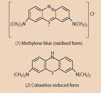 Structure of (1) Methylene blue (oxidised form) (2) colourless reduced form