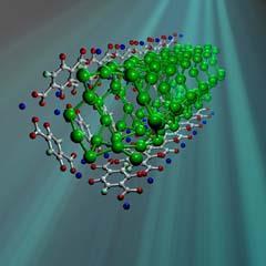 Hydrogen molecules (green) adsorbed onto MOF-74, which comprises carbon atoms (grey) with columns of zinc ions (blue)