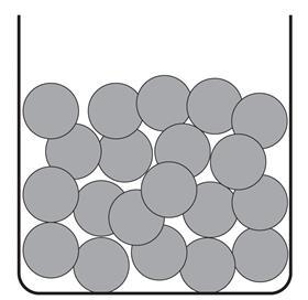 A particle model of a liquid. Grey circles touching and overlapping in a beaker