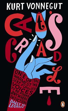 The front cover for Kurt Vonnegurt's Cats Cradle. It features the illustraiton of a hand, a bomb and a drop of blood and the letters are in different styles.