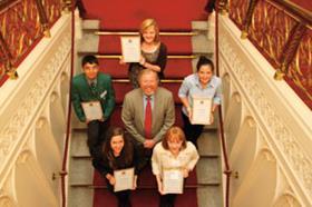 The winners (clockwise): Laura Hedges, Laura Highfield, Evelyn Henderson, Kathryn Hughes and Lir Afiq were presented with their prizes by Bill Bryson