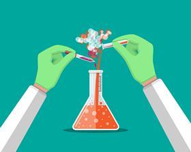 Cartoon of hands with pipette, text tube and conical flask, colourful reaction