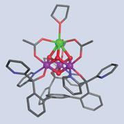 The calcium ion (green) at the centre of the PS II model stabilised the manganese ions (purple) in their high oxidation state