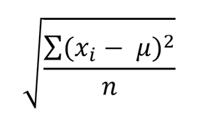 An image illustrating the formula for standard deviation as the square root of variance, calculated from a whole population