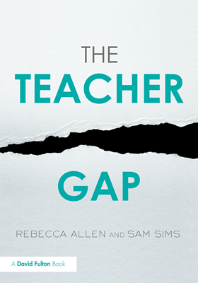 Front cover of The Teacher Gap, grey cover, cyan lettering, and image of black tear