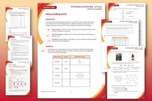 Graduated orange to red background with examples of student sheet and teacher notes