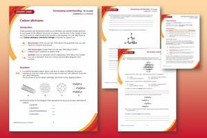 Composite image showing previews of the Developing understandig student worksheet and teacher notes on a red-orange background