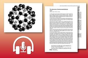 An image of Buckminsterfullerene, a podcast icon and example pages from the download on a red-orange background