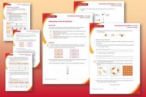 Student and teacher sheets for interpreting chemical equations on orange-red background