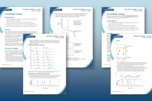 Composite image showing previews of the Chromatography challenge student worksheet and teacher notes on a blue background