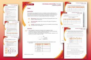 Student and teacher worksheets on graduated orange-red background