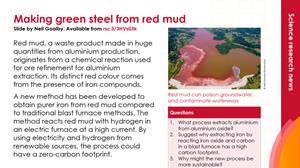 Preview of Making green steel from red mud science research news summary slide with questions