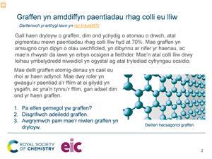 Defnyddiwch y sleid gychwynnol gyda’ch myfyrwyr 14–16 oed i roi cyd-destun newydd iddynt wrth edrych ar alotropau carbon.