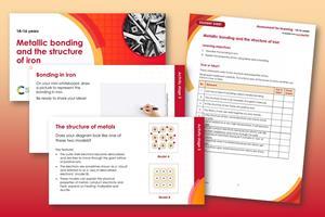 Composite image showing previews of the Metallic bonding and the structure of iron resource on a red-orange background