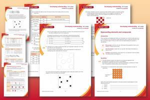 Graduated orange to red background with example of student sheet and teacher notes and answers