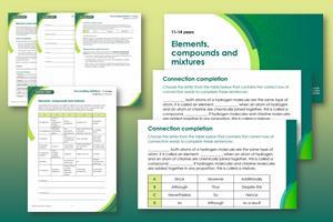 A collection of screenshots showing activities and answers for elements, compounds and mixtures lesson