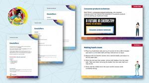 Previews of Emulsifier student workbook, teacher notes, technician notes and PowerPoint slides