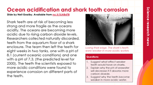 A preview of the summary slide for the Science research news story, Ocean acidification could cause shark tooth corrosion.