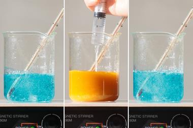 A series of photos of glass beakers of a clear blue liquid turning to an opaque orange. Then another clear chemical is added by syringe and the liquid turns back to clear blue.