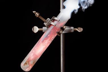 A photo of a jellybaby burning in a test tube