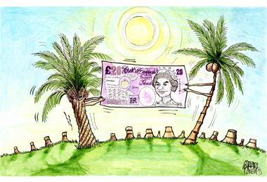 Cartoon - a palm tree and a coconut tree fighting over a banknote