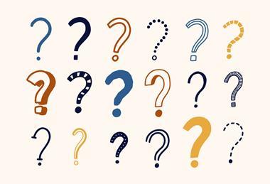 An illustration featuring question marks in a variety of colours and styles