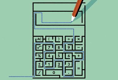 A pencil traces a path through a maze puzzle shaped like a calculator