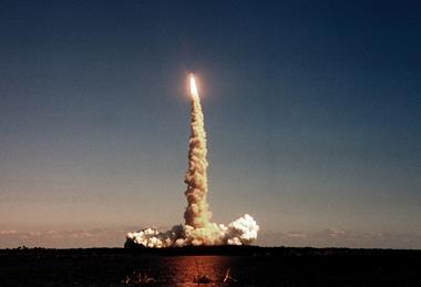 A photograph showing the launch of NASA's Space Shuttle Atlantis at the Kennedy Space Center