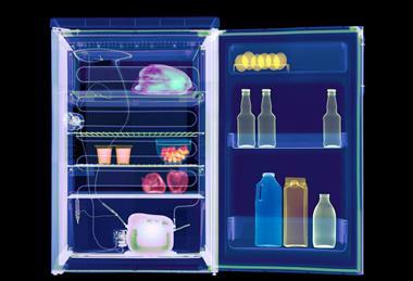 A coloured X-ray of a fridge showing the food and drinks inside and the cooling mechanism at the back