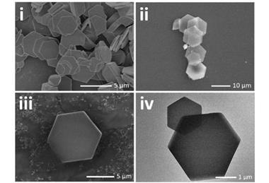 Four black and white micrograph images of crystals in the shape of hexagons