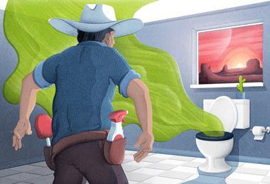 An illustration showing a cowboy-style man prepared to tackle a difficult toilet