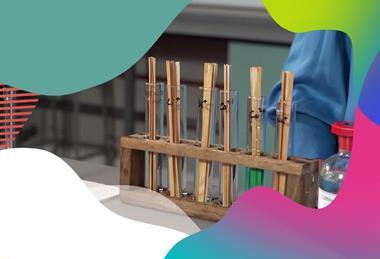 Row of test tubes, each labelled with a different metal ion, containing wooden splints 