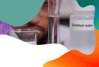 Rates of reaction equipment showing a man looking at a measuring cylinder, with a beaker to one side and a bottle of distilled water to the other. There is a colourful border around the edge of the image