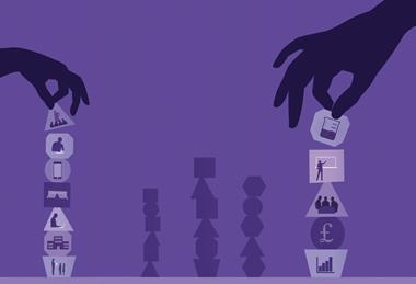 An illustration of hands delicately building towers out of shaped blocks that feature images of various aspects of teaching chemistry such as instruction, finances, safety, practicals.