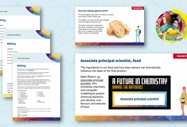 Previews of Baking student workbook, teacher notes, technician notes and PowerPoint slides