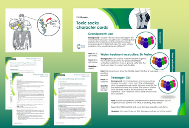 Example pages from teacher notes, student worksheet and character cards that make up this resource