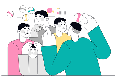 A cartoon of a student going through different emotions as a teacher uses marbles to explain relative atomic mass