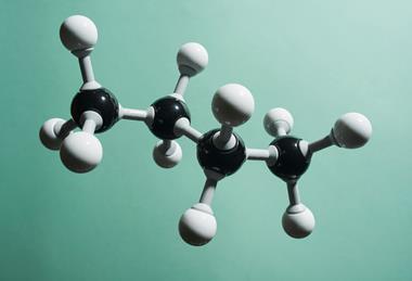 A 3D rendered image of the molecular model for butane.
