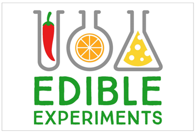 logo for edible experiments showing cartoon foods in flasks and test tubes