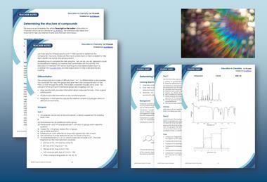 Composite image of the Determining the structure of compounds teacher notes and student worksheet previews and a visible light spectrum